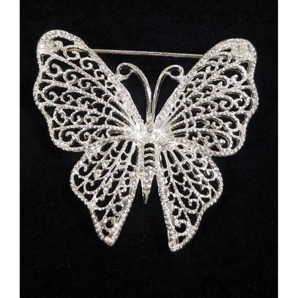 Vintage M Jent Butterfly Pin Silver Tone Open Metal Work Brooch - Picture 1 of 8